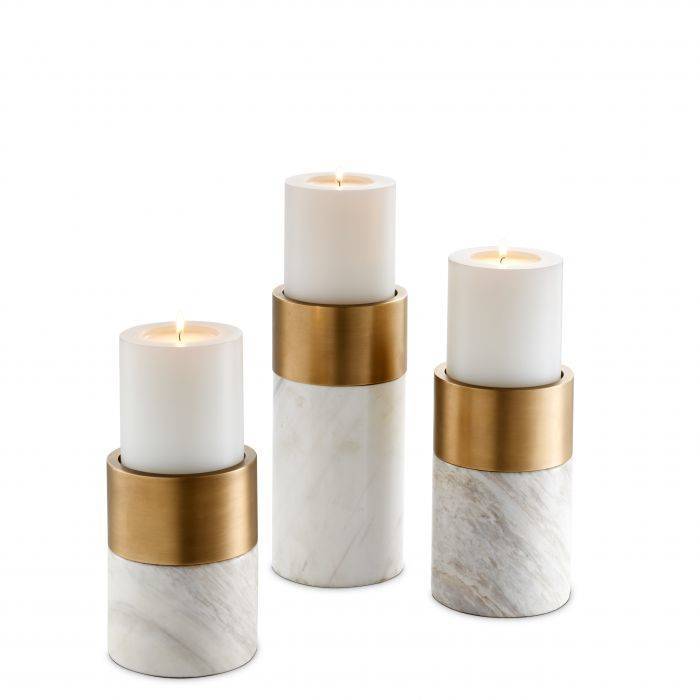 Candle Holder Sierra white marble set of 3 12x25 - 12x20 - 12x16 cm | 3'lü Set Beyaz Mermer Mat Gold Mumluk - Şamdan
