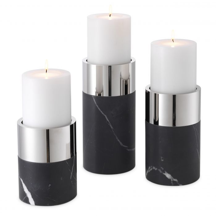 Candle Holder Sierra Black marble | nickel finish set of 3 12x25 - 12x20 - 12x16 cm | 3'lü Set Mermer Nikel Mumluk - Şamdan