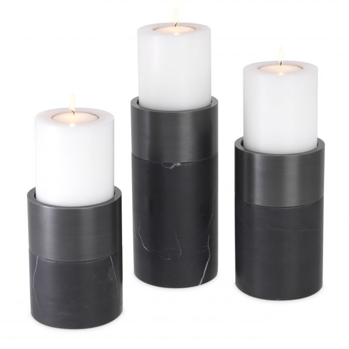 Candle Holder Sierra Black marble | bronze finish set of 3 12x25 - 12x20 - 12x16 cm | 3'lü Set Mermer Antrasit Mumluk - Şamdan 