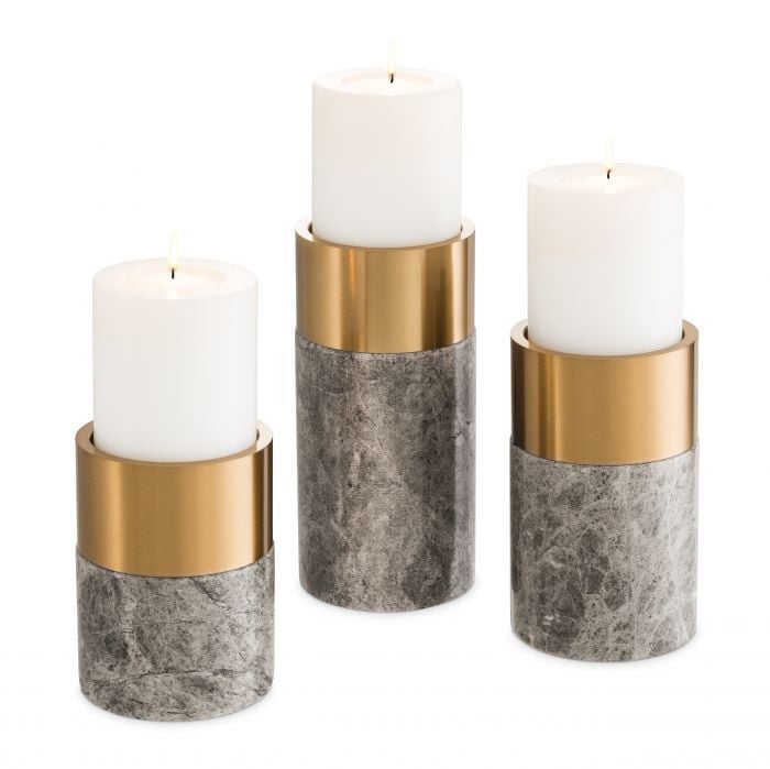 Candle Holder Sierra Grey marble ( 113286)| brushed brass finish set of 3 12x25 - 12x20 - 12x16 cm | 3'lü Set Mermer Bronz Mumluk - Şamdan
