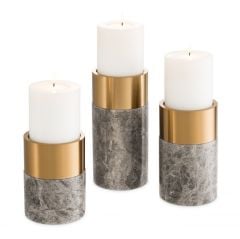 Candle Holder Sierra Grey marble ( 113286)| brushed brass finish set of 3 12x25 - 12x20 - 12x16 cm | 3'lü Set Mermer Bronz Mumluk - Şamdan