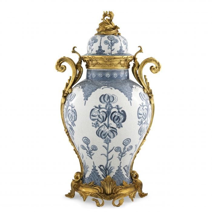 Vase Armand Blue & white ceramic | antique gold finish 39x31x67 cm | Seramik Pirinç Küp