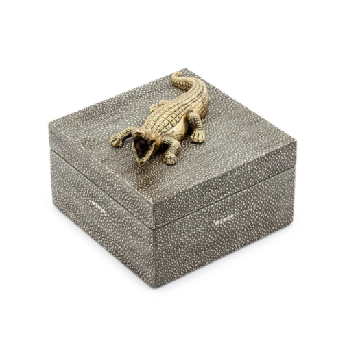 Wooden box grey with brass crocodile 15x15x13 cm | Dekoratif Kutu