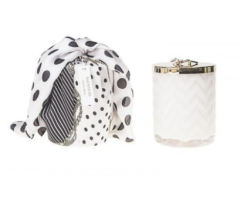 Fularlı balıksırtı desen beyaz&gold beyaz çiçek figürlü mum - Kokulu mum