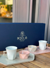 İkili Tepsili Set Renkli Kulp Somon-Krem | Kahve Fincanı