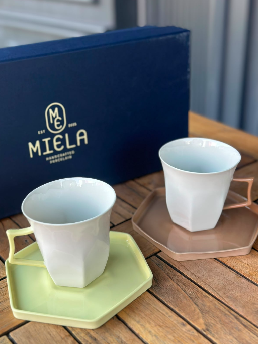 İkili Set Çay Fincanı Renkli Kulp Sarı - Açık Kahve | Kahve Fincanı