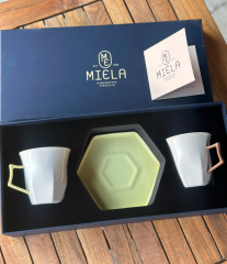 İkili Set Çay Fincanı Renkli Kulp Sarı - Açık Kahve | Kahve Fincanı