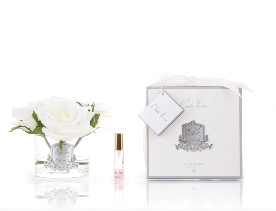 Beyaz beş güllü gümüş detaylı şeffaf cam koku - Oda Kokusu