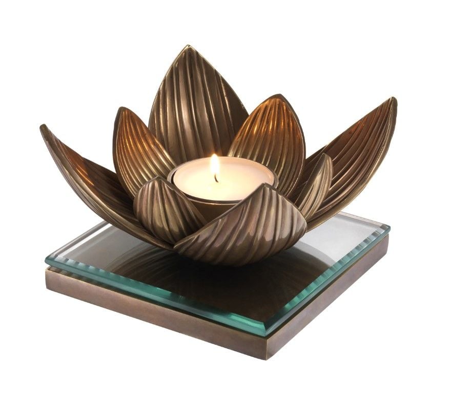 Tealight Holder Lotus Vintage Brass Finish 16x16 cm h:10,5 cm | Pirinç Cam Tealight Mumluk