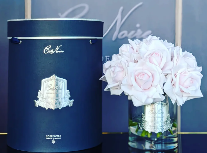 Pembe on üç güllü gümüş detaylı şeffaf cam koku -  Oda Kokusu