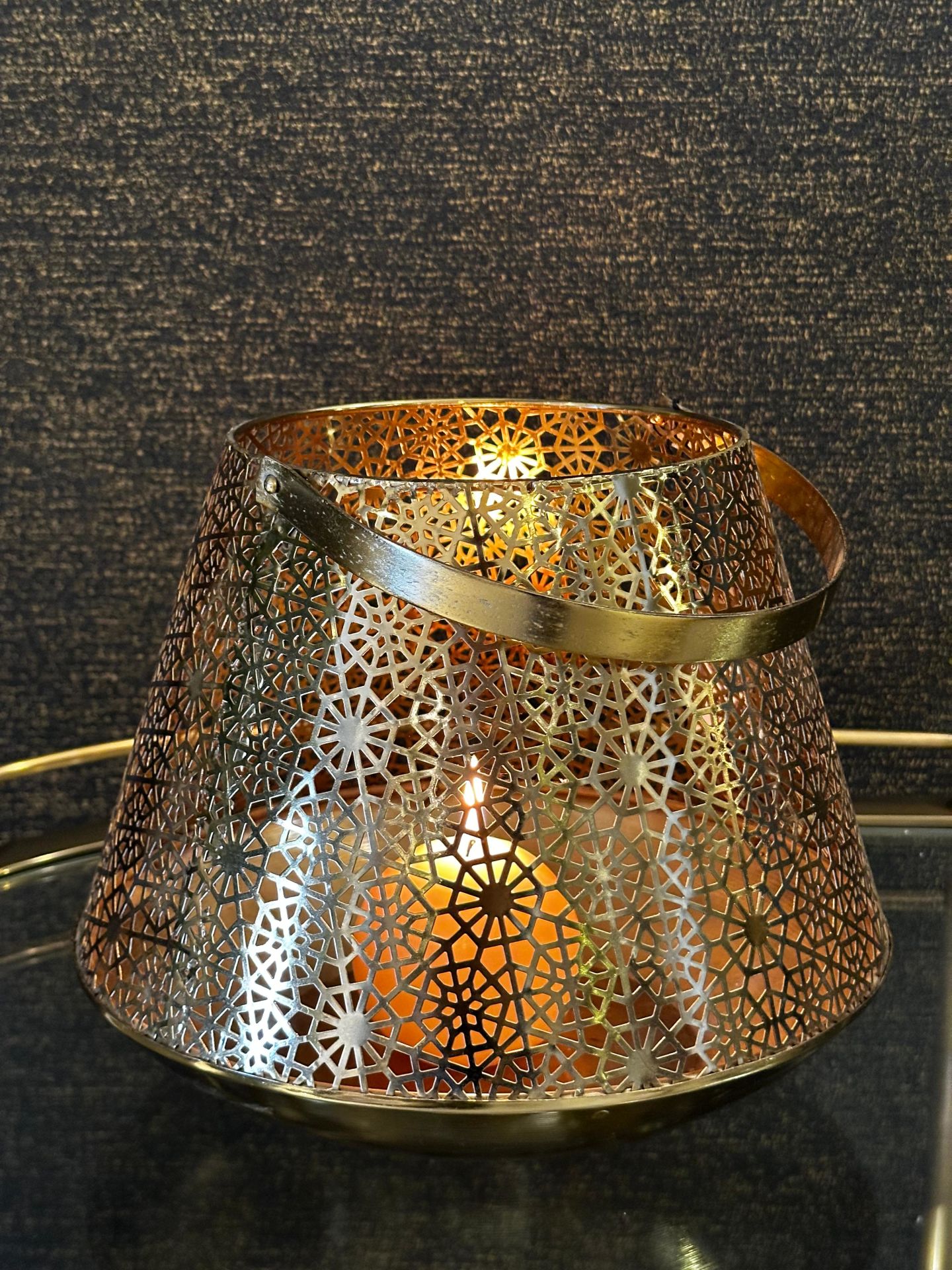 Gold Desenli Metal Fener 28x22 cm | Mumluk - Fener